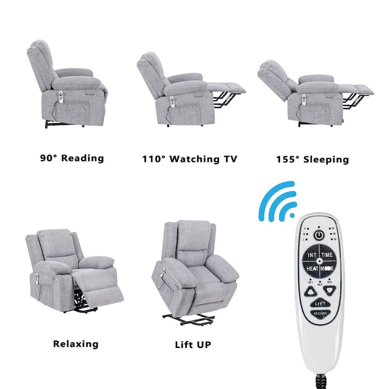 Fauteuil inclinable releveur électrique en velours gris clair avec points de massage, chauffage lombaire et poche de rangement