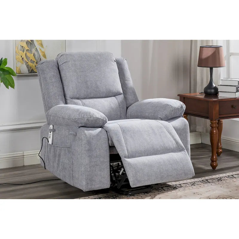 Fauteuil inclinable releveur électrique en velours gris clair avec points de massage, chauffage lombaire et poche de rangement
