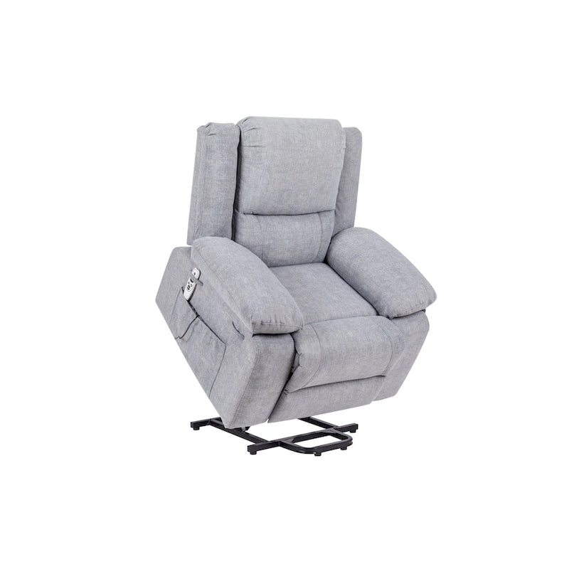 Fauteuil inclinable releveur électrique en velours gris clair avec points de massage, chauffage lombaire et poche de rangement