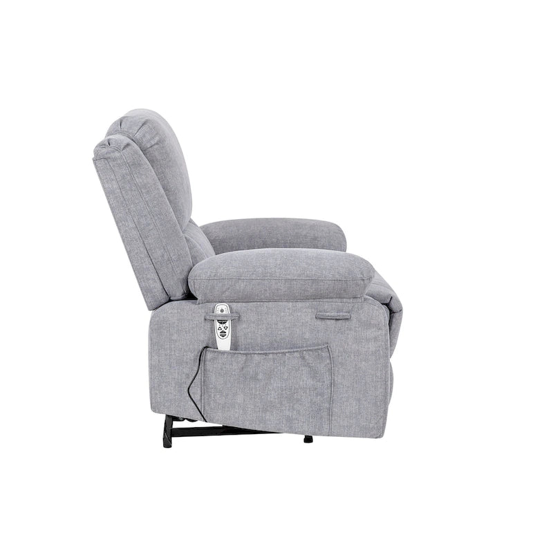 Fauteuil inclinable releveur électrique en velours gris clair avec points de massage, chauffage lombaire et poche de rangement