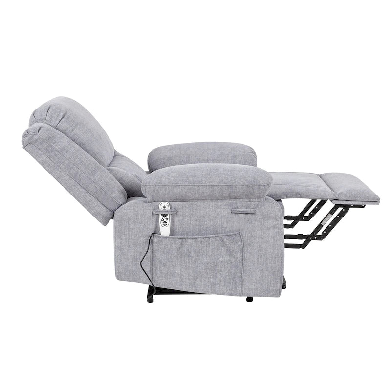 Fauteuil inclinable releveur électrique en velours gris clair avec points de massage, chauffage lombaire et poche de rangement
