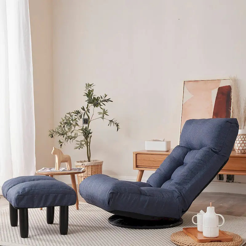 Ensemble fauteuil inclinable pivotant sans accoudoirs bleu marine avec pouf, têtière et dossier réglables
