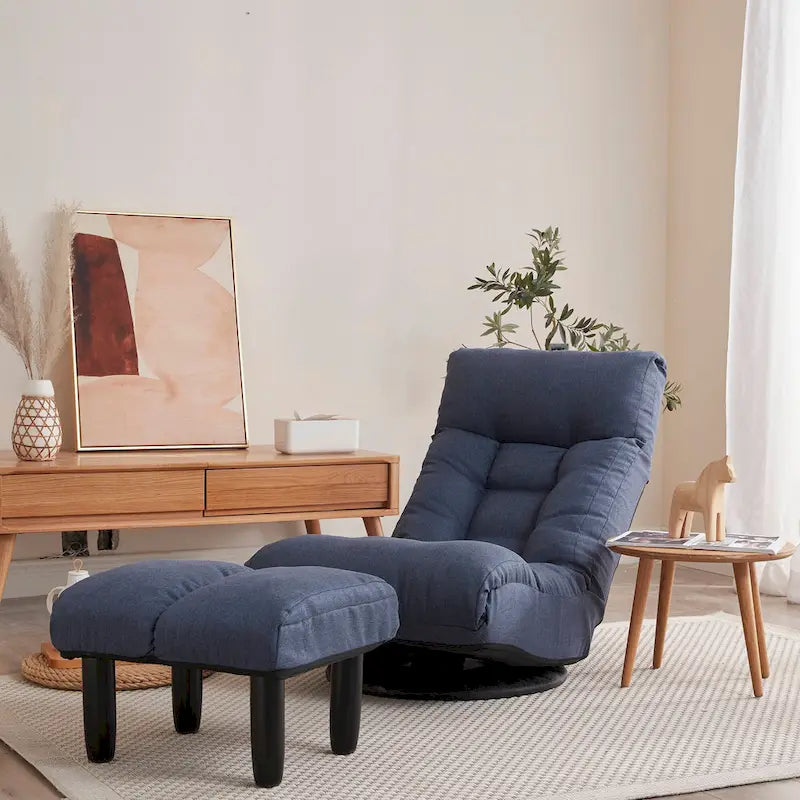 Ensemble fauteuil inclinable pivotant sans accoudoirs bleu marine avec pouf, têtière et dossier réglables