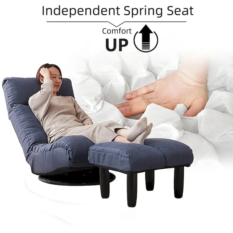 Ensemble fauteuil inclinable pivotant sans accoudoirs bleu marine avec pouf, têtière et dossier réglables