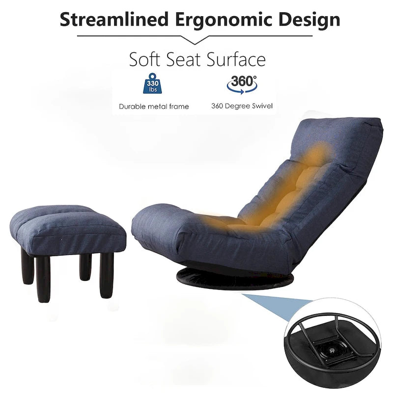 Ensemble fauteuil inclinable pivotant sans accoudoirs bleu marine avec pouf, têtière et dossier réglables