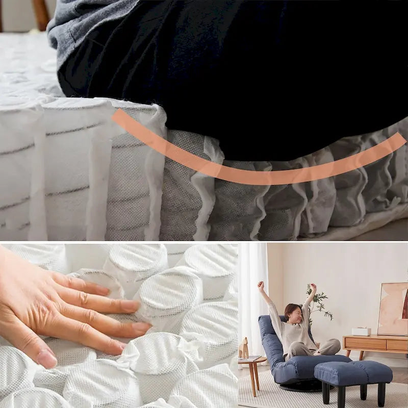 Ensemble fauteuil inclinable pivotant sans accoudoirs bleu marine avec pouf, têtière et dossier réglables