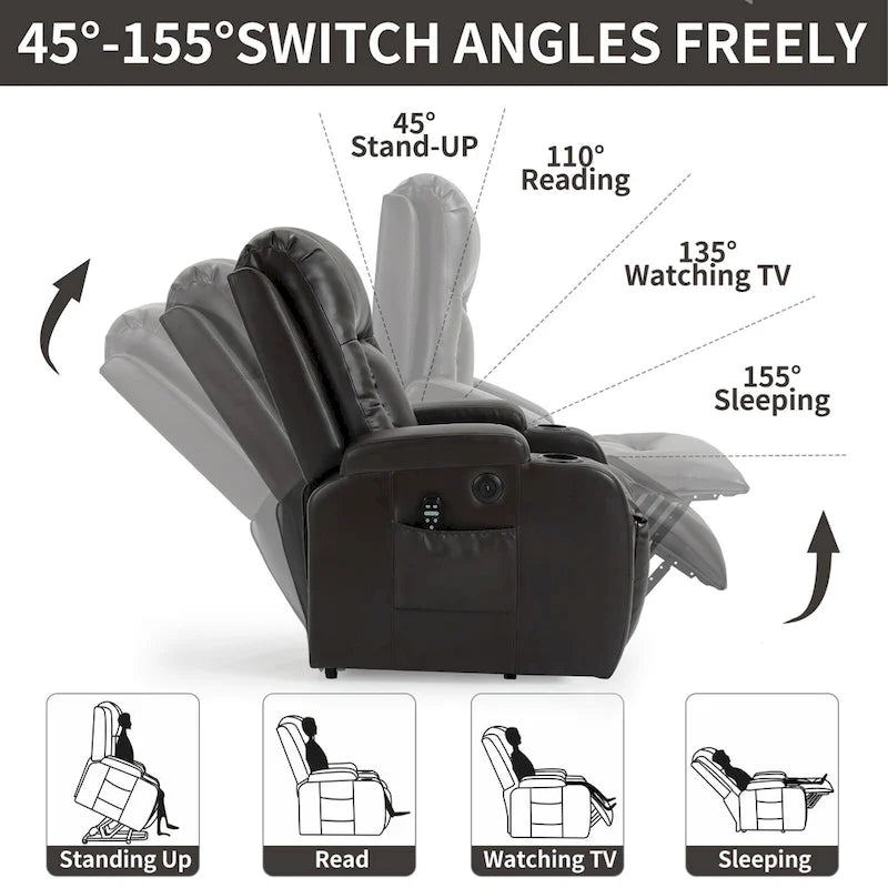 Fauteuil releveur électrique à position infinie pour personnes âgées, avec massage vibrant 8 points et chauffage lombaire, port de chargement USB