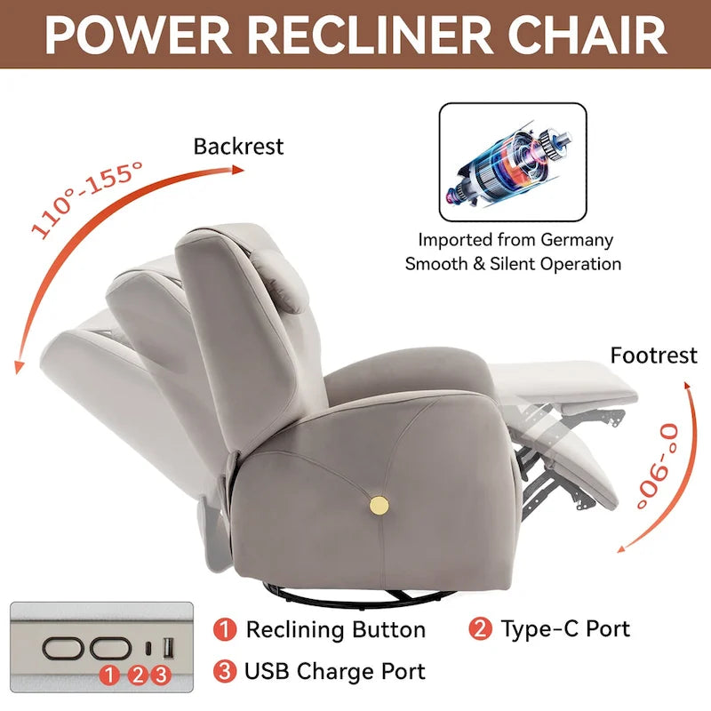 Fauteuil inclinable électrique pivotant et à bascule avec coussin de soutien lombaire et cervical, pivotement maximal de 270 degrés, ports USB et Type-C