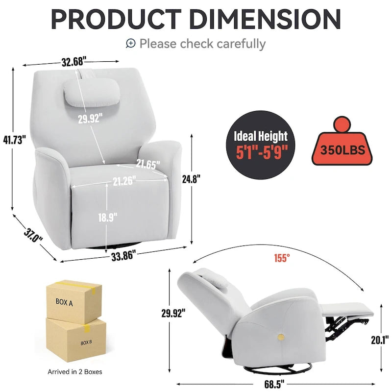 Fauteuil inclinable électrique pivotant et à bascule avec coussin de soutien lombaire et cervical, pivotement maximal de 270 degrés, ports USB et Type-C