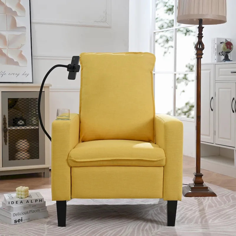 Fauteuil inclinable manuel en tissu moderne avec support de téléphone, porte-gobelet, repose-pieds