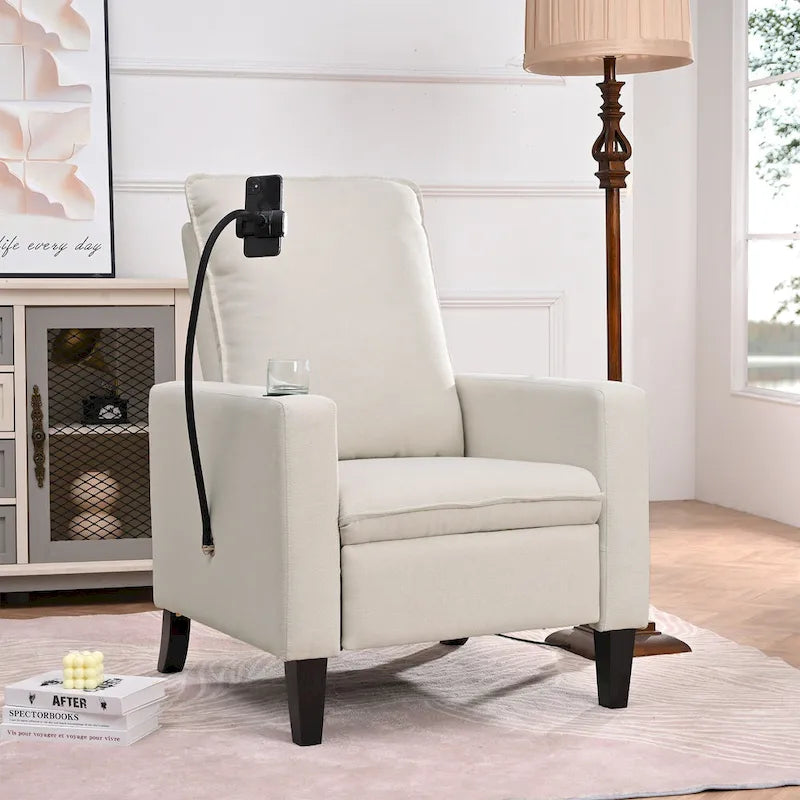 Fauteuil inclinable manuel en tissu moderne avec support de téléphone, porte-gobelet, repose-pieds