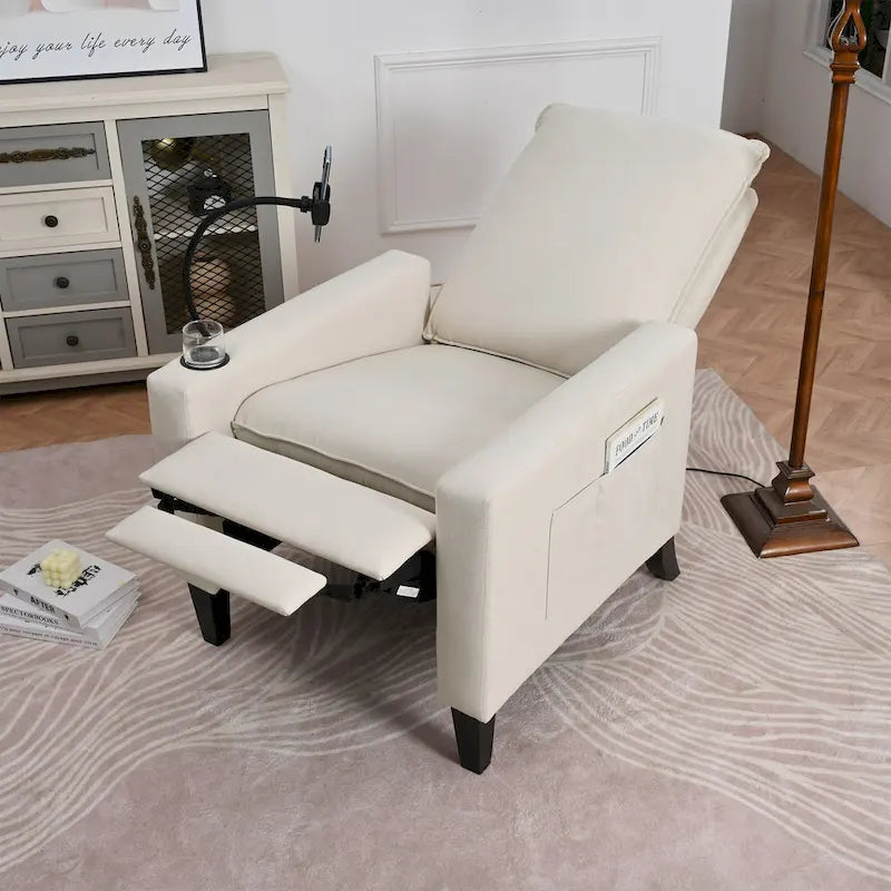Fauteuil inclinable manuel en tissu moderne avec support de téléphone, porte-gobelet, repose-pieds