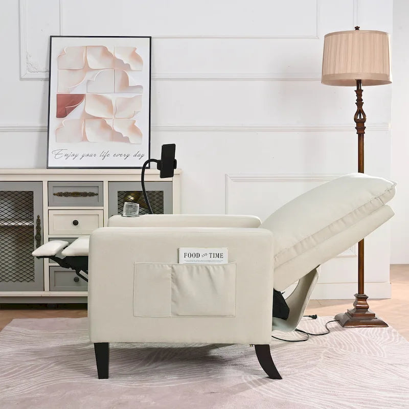Fauteuil inclinable manuel en tissu moderne avec support de téléphone, porte-gobelet, repose-pieds