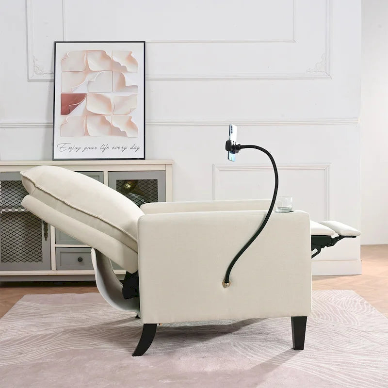 Fauteuil inclinable manuel en tissu moderne avec support de téléphone, porte-gobelet, repose-pieds