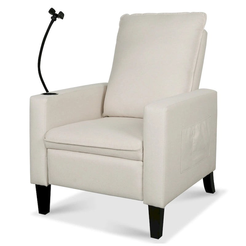 Fauteuil inclinable manuel en tissu moderne avec support de téléphone, porte-gobelet, repose-pieds