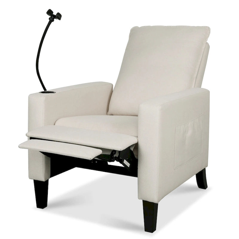 Fauteuil inclinable manuel en tissu moderne avec support de téléphone, porte-gobelet, repose-pieds