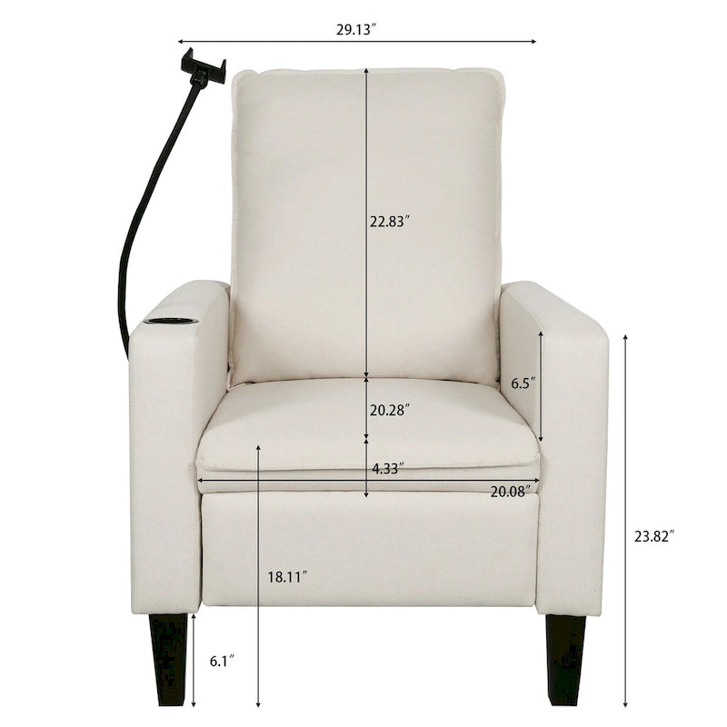 Fauteuil inclinable manuel en tissu moderne avec support de téléphone, porte-gobelet, repose-pieds