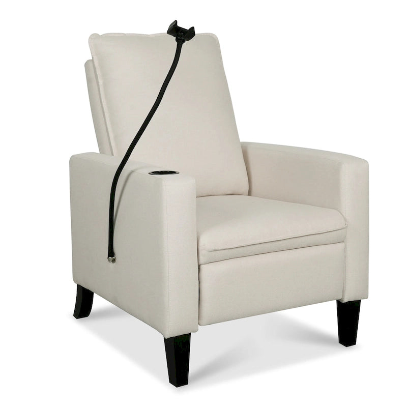 Fauteuil inclinable manuel en tissu moderne avec support de téléphone, porte-gobelet, repose-pieds