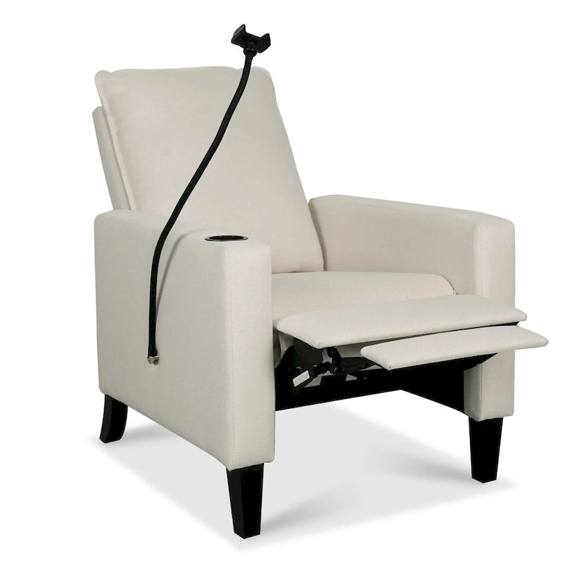 Fauteuil inclinable manuel en tissu moderne avec support de téléphone, porte-gobelet, repose-pieds