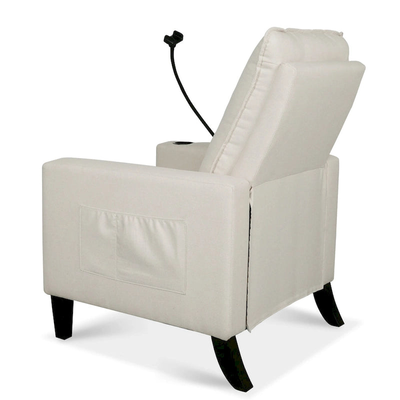 Fauteuil inclinable manuel en tissu moderne avec support de téléphone, porte-gobelet, repose-pieds