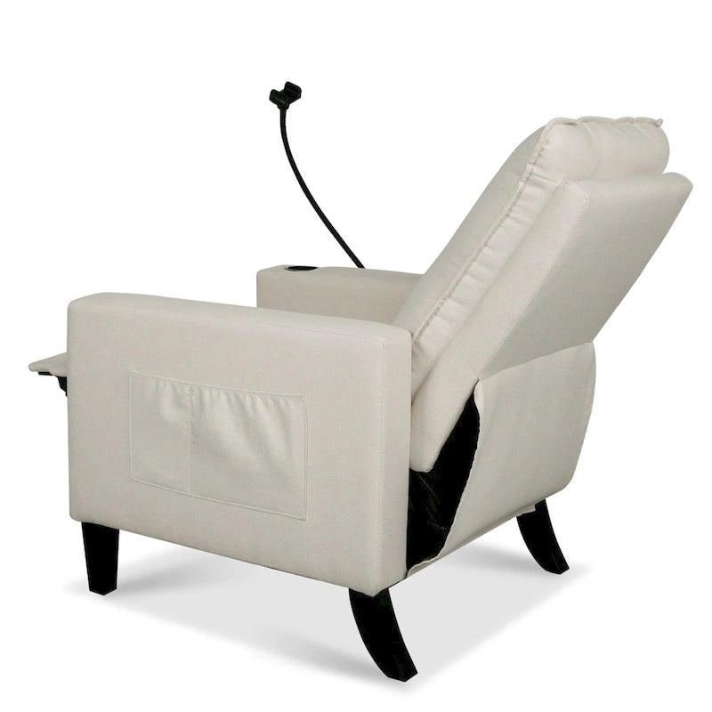 Fauteuil inclinable manuel en tissu moderne avec support de téléphone, porte-gobelet, repose-pieds