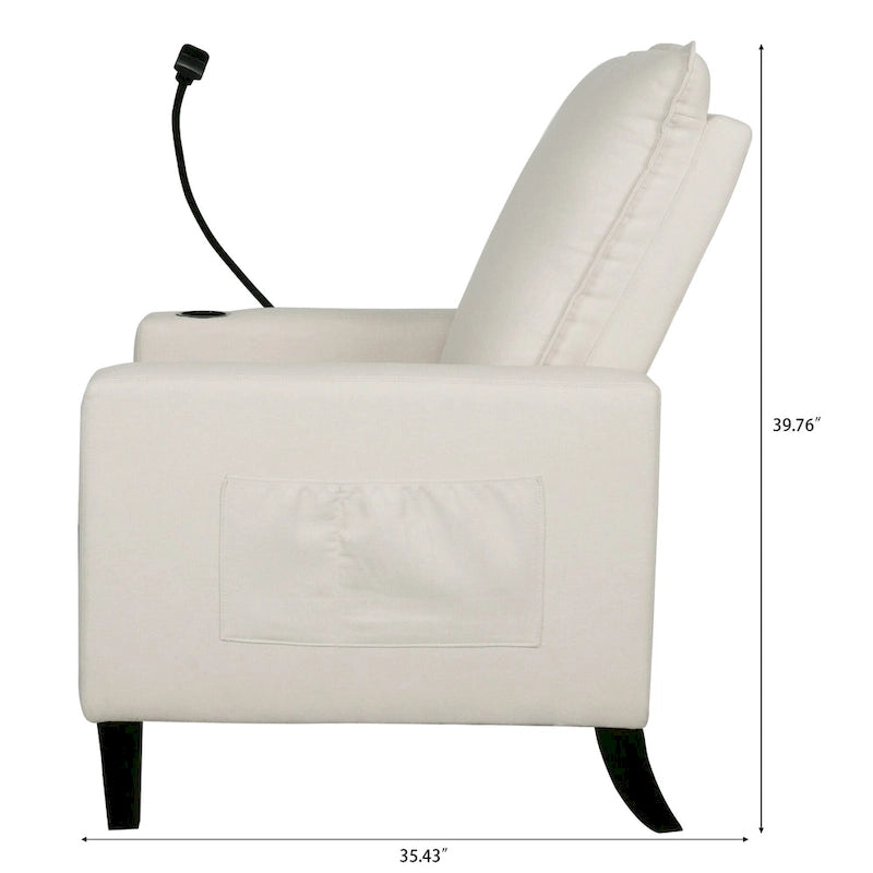 Fauteuil inclinable manuel en tissu moderne avec support de téléphone, porte-gobelet, repose-pieds
