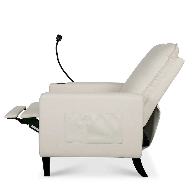 Fauteuil inclinable manuel en tissu moderne avec support de téléphone, porte-gobelet, repose-pieds