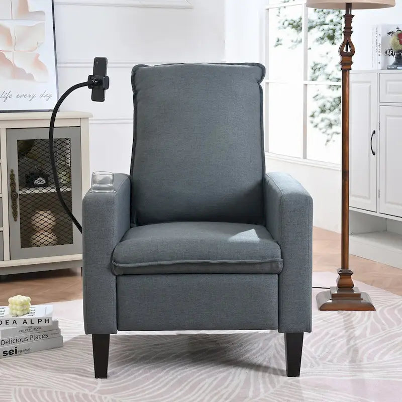 Fauteuil inclinable manuel en tissu moderne avec support de téléphone, porte-gobelet, repose-pieds