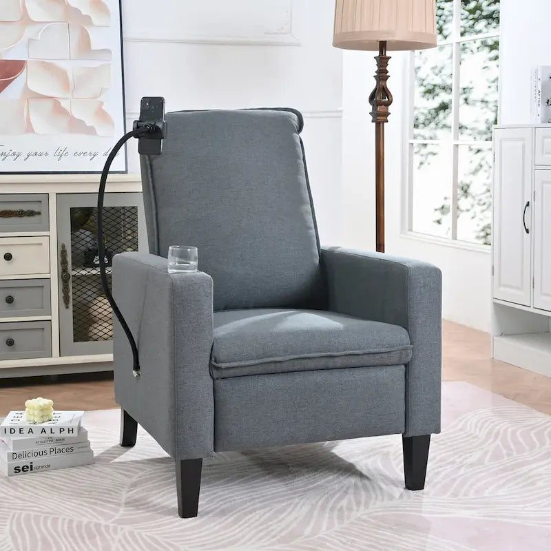 Fauteuil inclinable manuel en tissu moderne avec support de téléphone, porte-gobelet, repose-pieds