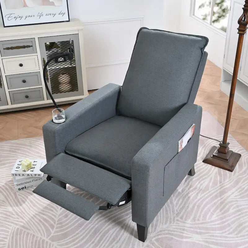 Fauteuil inclinable manuel en tissu moderne avec support de téléphone, porte-gobelet, repose-pieds