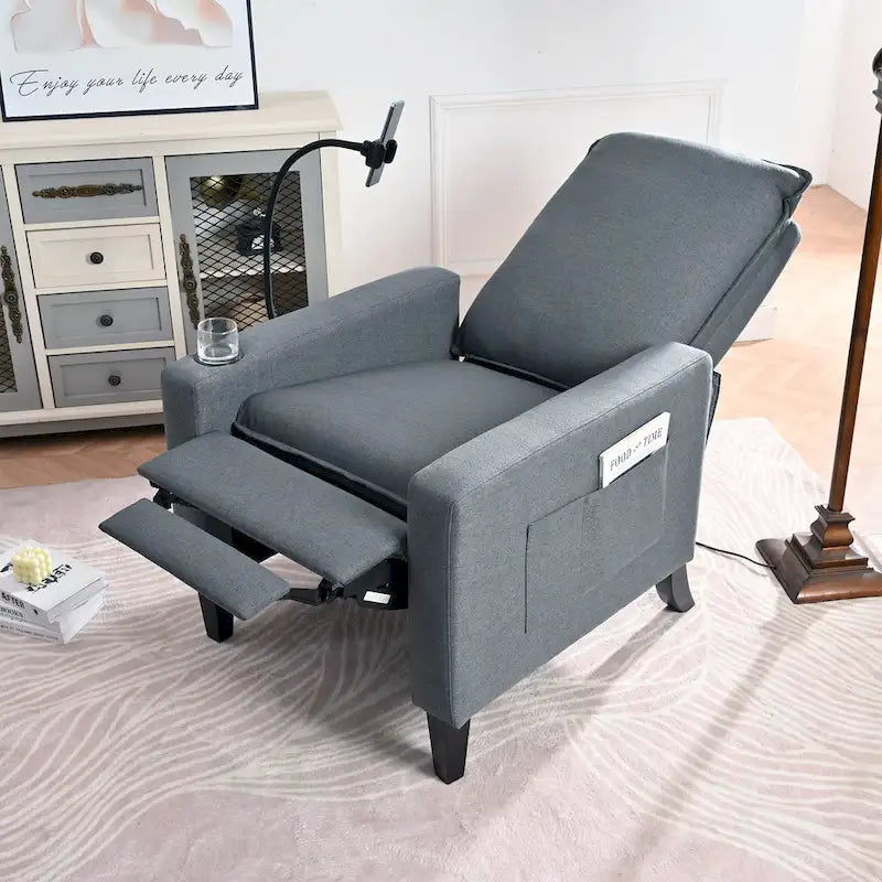 Fauteuil inclinable manuel en tissu moderne avec support de téléphone, porte-gobelet, repose-pieds