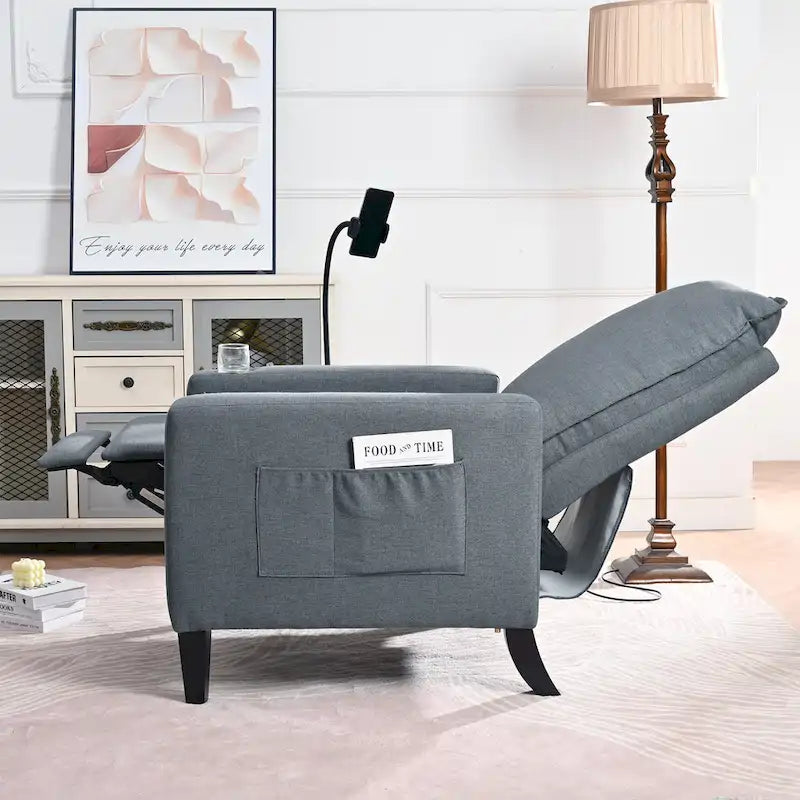 Fauteuil inclinable manuel en tissu moderne avec support de téléphone, porte-gobelet, repose-pieds