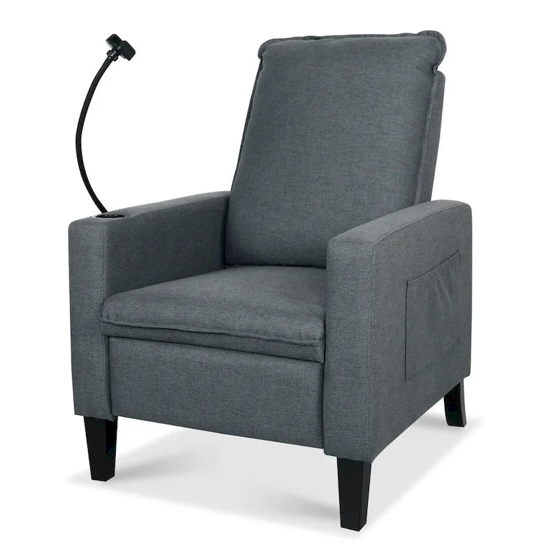 Fauteuil inclinable manuel en tissu moderne avec support de téléphone, porte-gobelet, repose-pieds