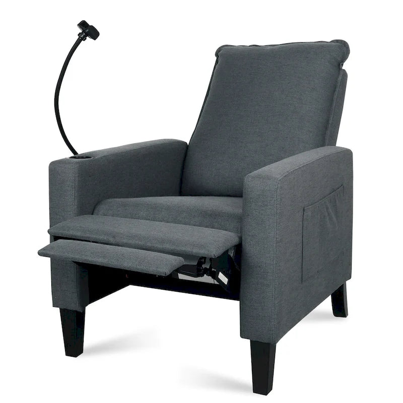 Fauteuil inclinable manuel en tissu moderne avec support de téléphone, porte-gobelet, repose-pieds