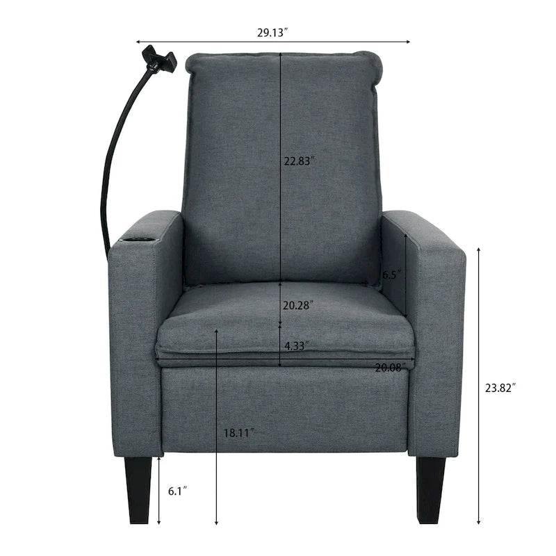 Fauteuil inclinable manuel en tissu moderne avec support de téléphone, porte-gobelet, repose-pieds