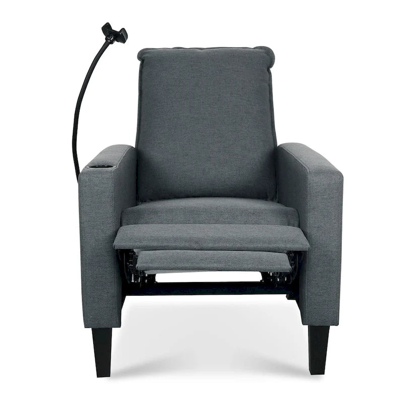 Fauteuil inclinable manuel en tissu moderne avec support de téléphone, porte-gobelet, repose-pieds