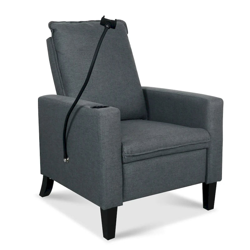 Fauteuil inclinable manuel en tissu moderne avec support de téléphone, porte-gobelet, repose-pieds