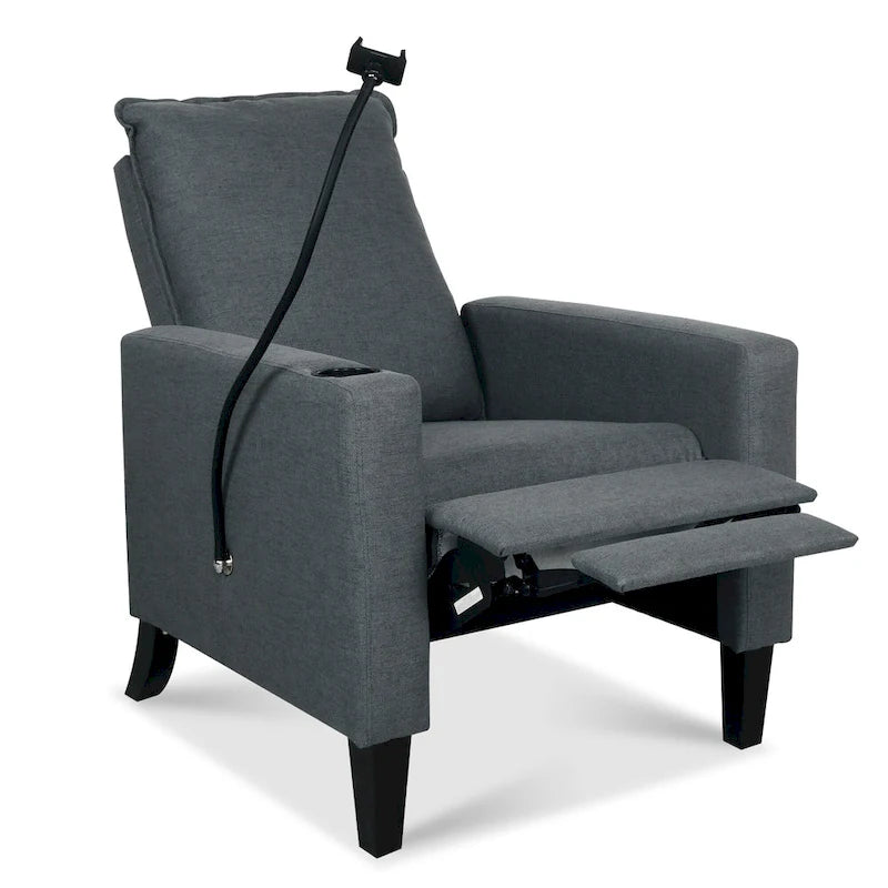 Fauteuil inclinable manuel en tissu moderne avec support de téléphone, porte-gobelet, repose-pieds