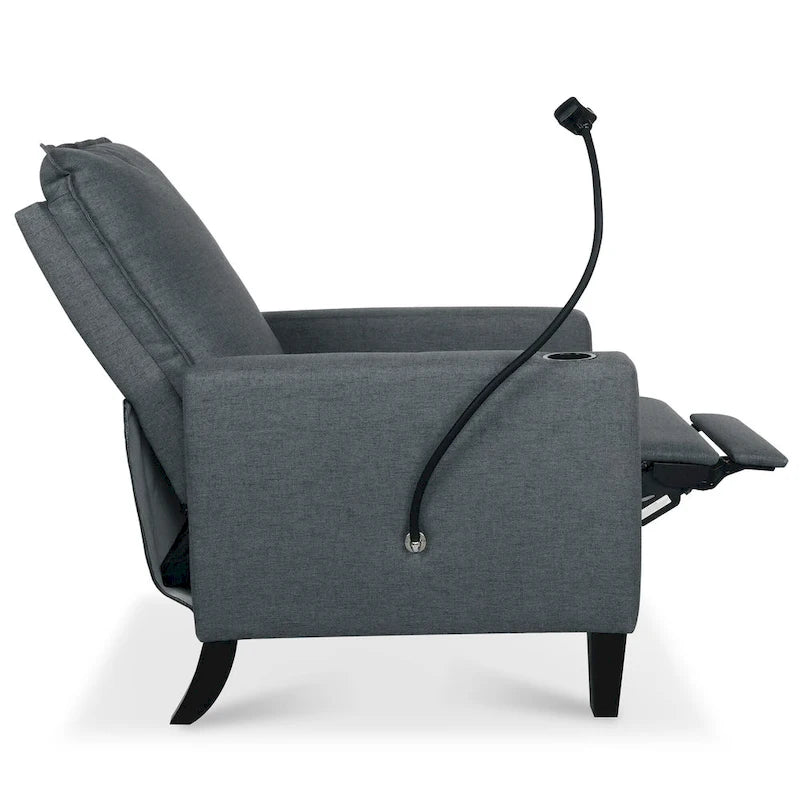 Fauteuil inclinable manuel en tissu moderne avec support de téléphone, porte-gobelet, repose-pieds