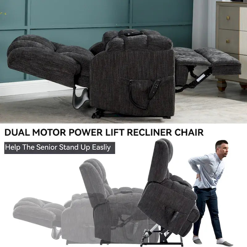 Fauteuil inclinable gris surdimensionné en chenille avec massage, chauffage et inclinaison à plat