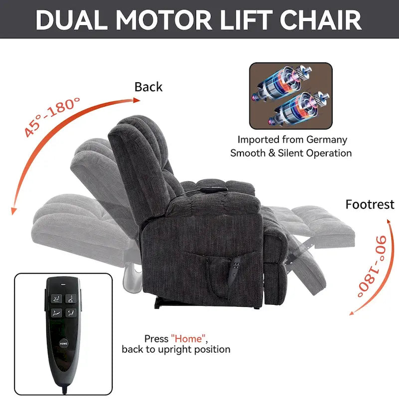 Fauteuil inclinable gris surdimensionné en chenille avec massage, chauffage et inclinaison à plat