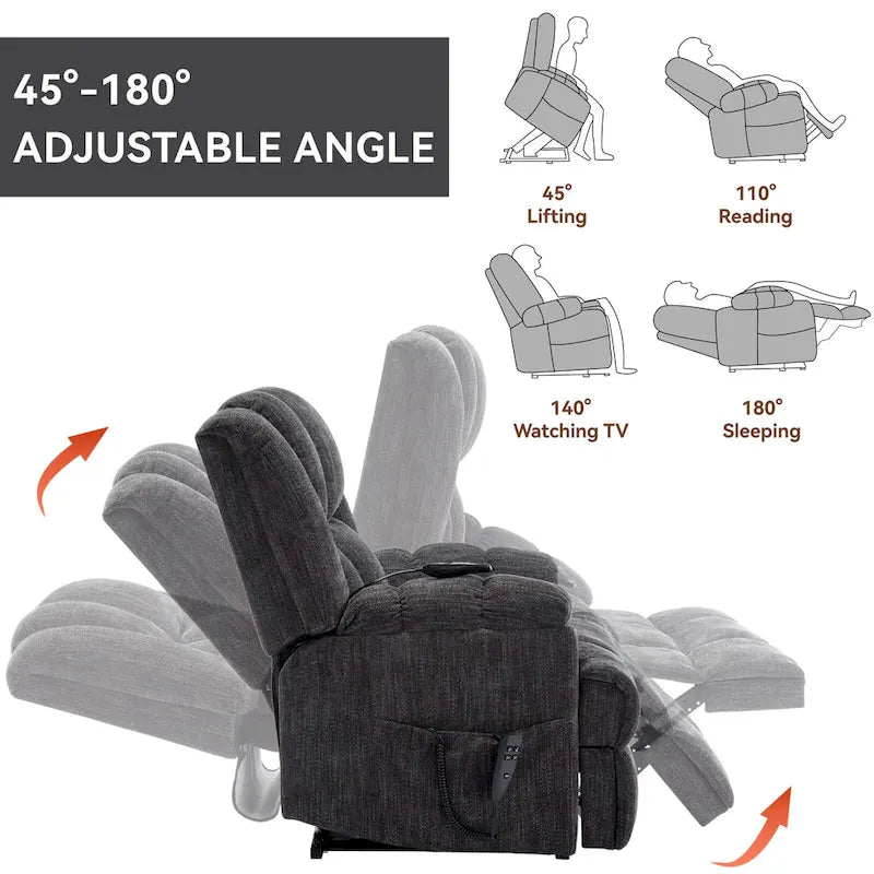Fauteuil inclinable gris surdimensionné en chenille avec massage, chauffage et inclinaison à plat