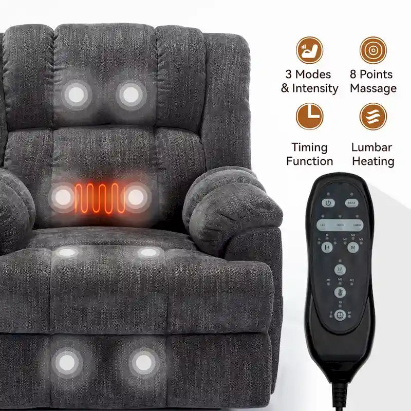 Fauteuil inclinable gris surdimensionné en chenille avec massage, chauffage et inclinaison à plat