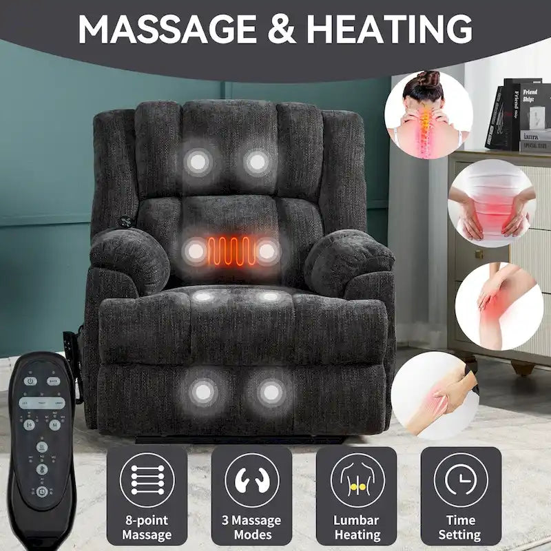 Fauteuil inclinable gris surdimensionné en chenille avec massage, chauffage et inclinaison à plat