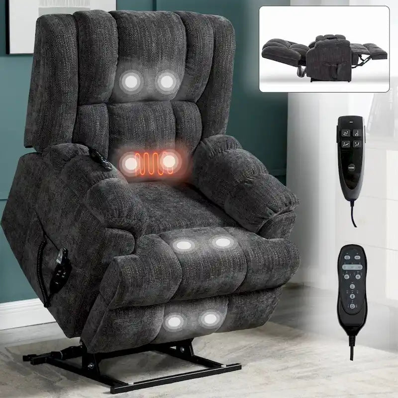 Fauteuil inclinable gris surdimensionné en chenille avec massage, chauffage et inclinaison à plat