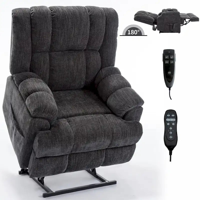 Fauteuil inclinable gris surdimensionné en chenille avec massage, chauffage et inclinaison à plat
