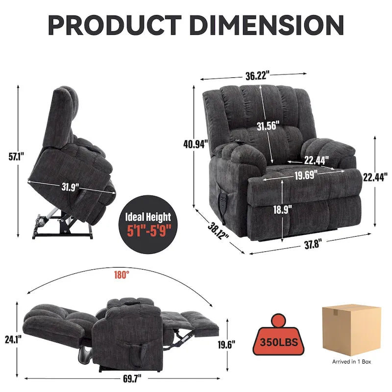 Fauteuil inclinable gris surdimensionné en chenille avec massage, chauffage et inclinaison à plat
