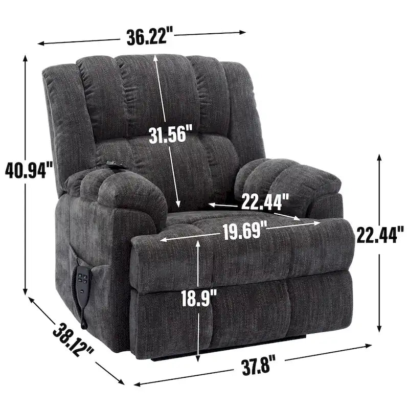 Fauteuil inclinable gris surdimensionné en chenille avec massage, chauffage et inclinaison à plat