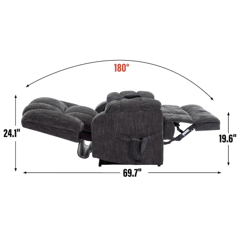 Fauteuil inclinable gris surdimensionné en chenille avec massage, chauffage et inclinaison à plat