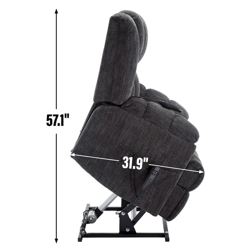 Fauteuil inclinable gris surdimensionné en chenille avec massage, chauffage et inclinaison à plat